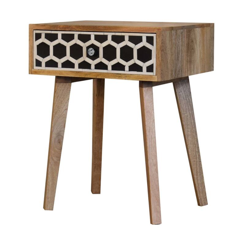 HomeRoots 22" Black White And Brown Solid Wood Geometric Bone Inlay One Drawer Nightstand