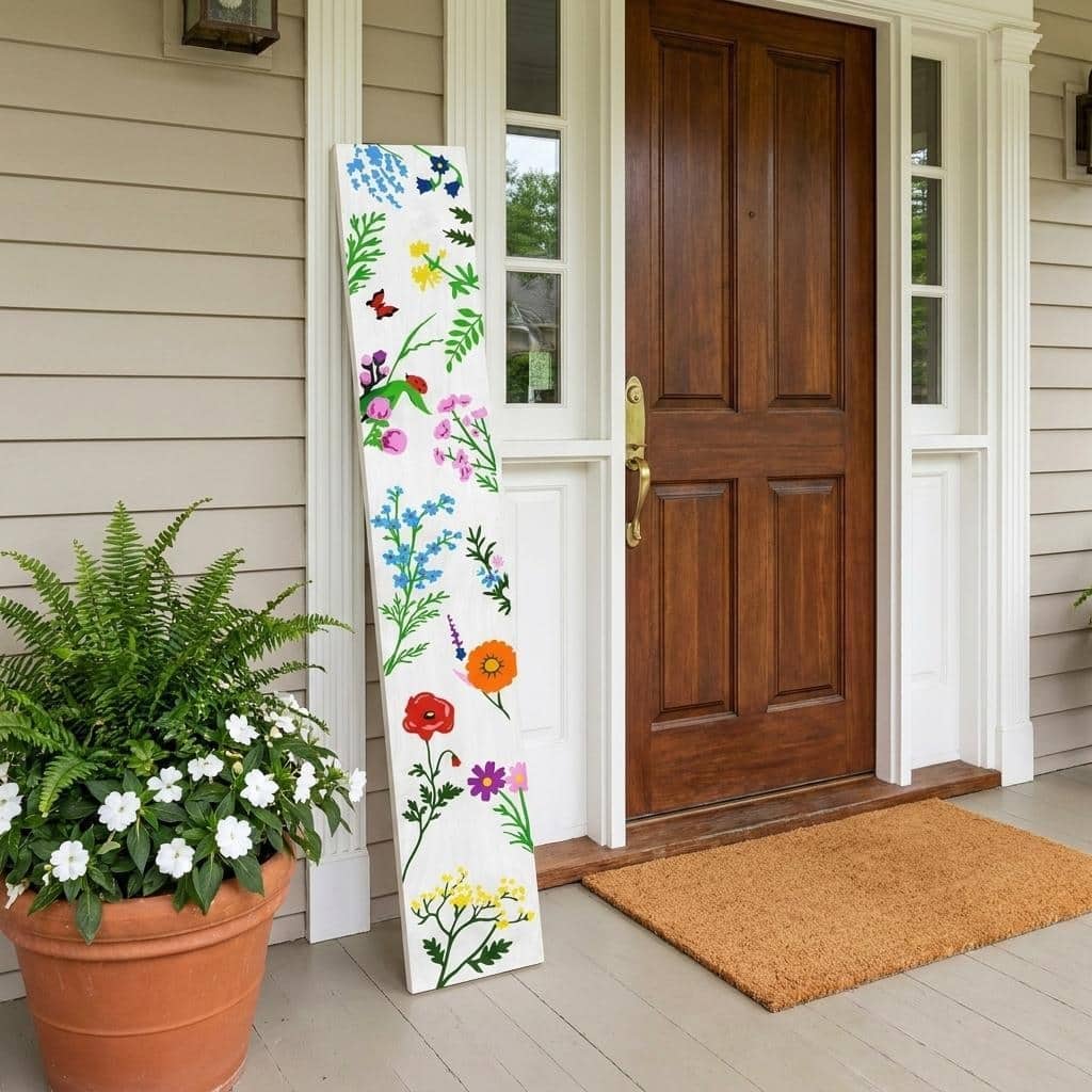 HomeRoots 59" White Blue And Green Solid Wood Floral Bouquet Porch Sign