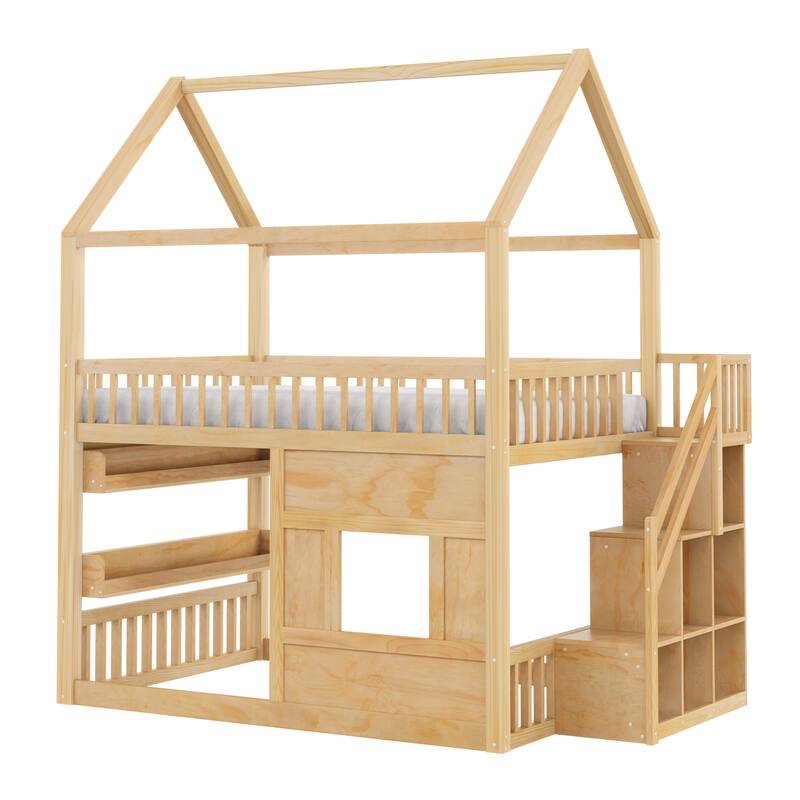 Roomfitters Full Size Wood House Loft Bed with Storage Stairs and Built-in Shelving, Modern Space-Saving Sleep Space