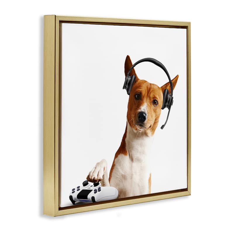 Stupell Gaming Dog with Headset Framed Floater Canvas Wall Art Design By CAD Designs