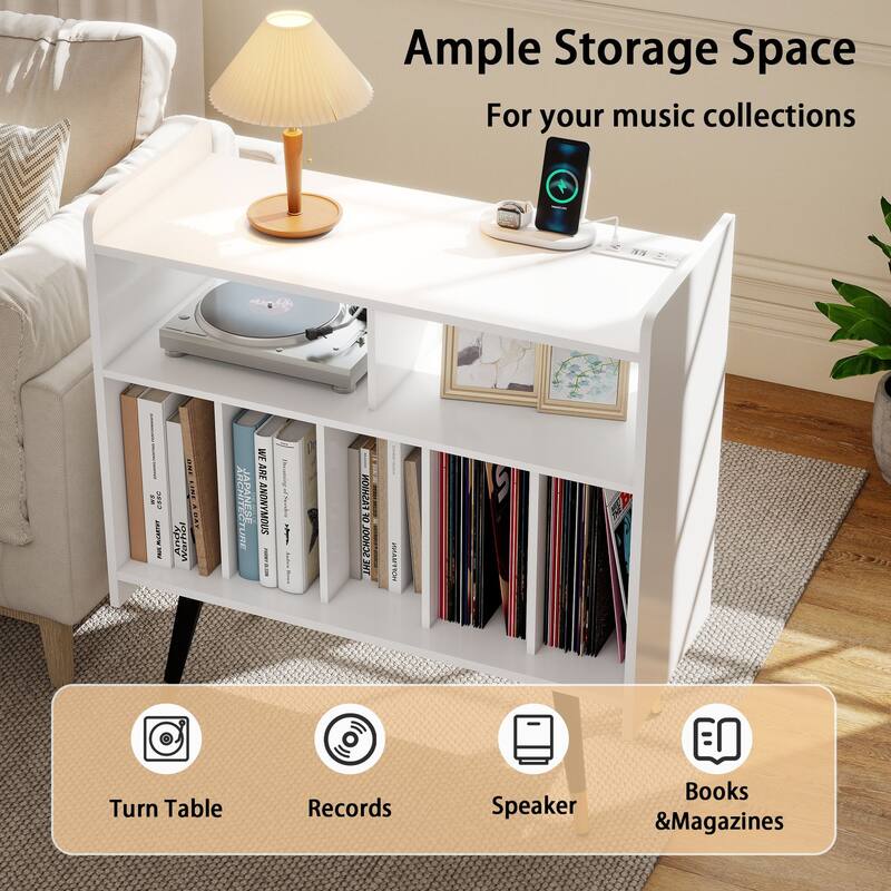 Retro Vinyl Stand with Charging Hub, Record Player Stand with Power Outlet and USB Ports
