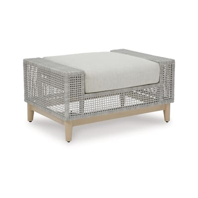 Yami Outdoor Ottoman, 35 Inch, Gray Woven Resin Wicker, Cushioned Seat