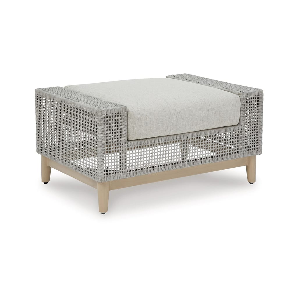 Yami Outdoor Ottoman, 35 Inch, Gray Woven Resin Wicker, Cushioned Seat