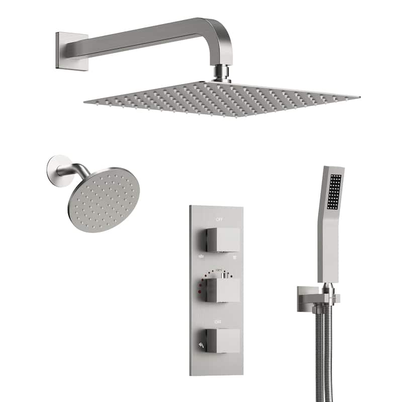 Thermostatic Shower System 12" Dual Heads Shower Faucet with High Pressure Handheld Spray - Brushed Nickel