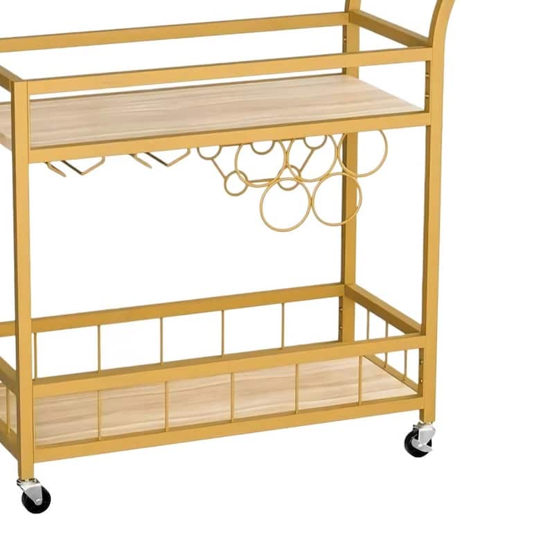 HomeRoots 27" Gold Metal and Wood Rolling Bar Cart With Wine Storage - 26.9 in. x 34.1 in. x 13 in.