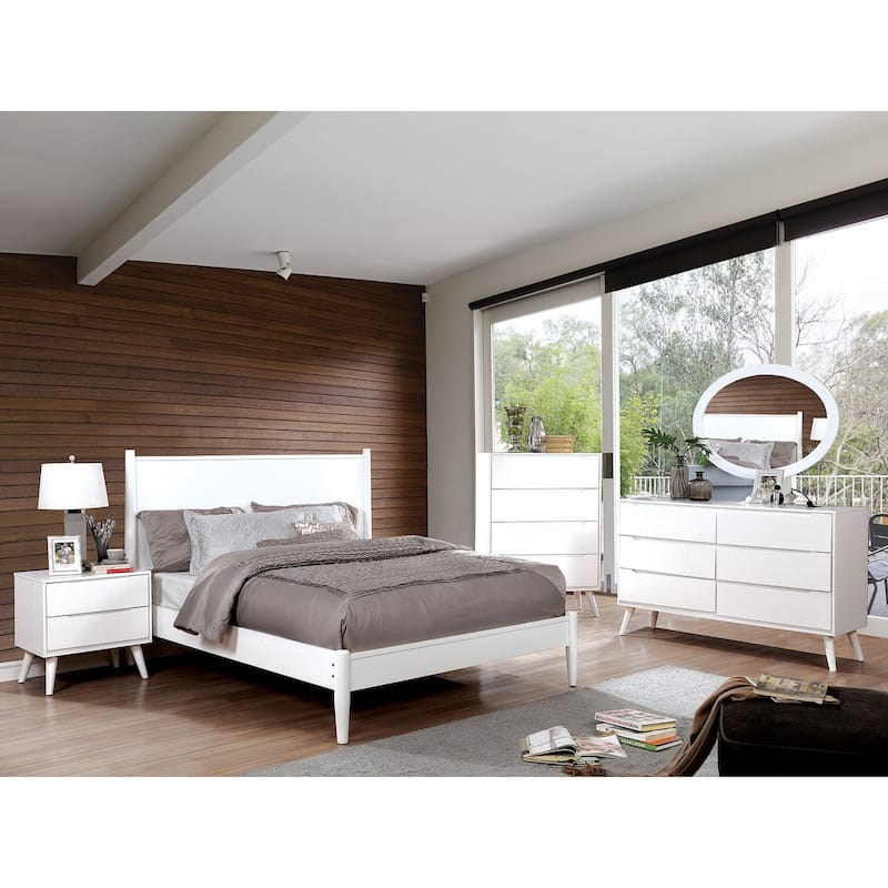 Mid-Century Modern White Nightstand with 2 Drawers, Solid Wood Construction & Tapered Legs