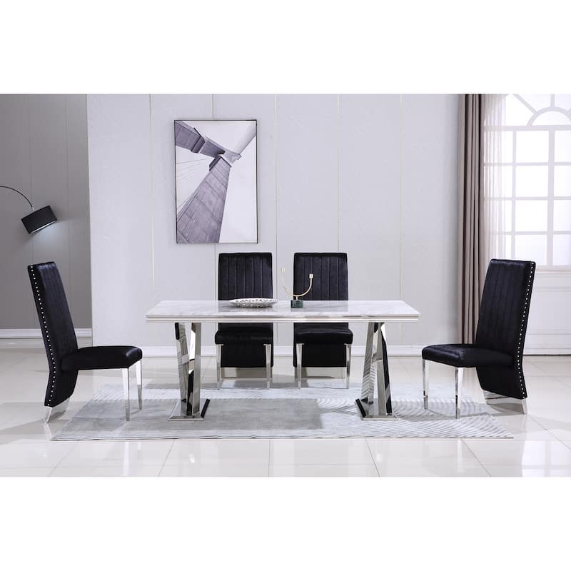 Modern Channel High Back Dining Chairs with Nailhead Trims and Polished Metal Legs