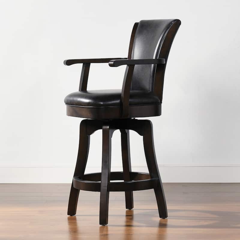 Williams Swivel Upholstered Bar Stool - Counter or Bar Height - 27 or 31 Inch - Solid Oak Wood Frame - Minimal Assembly - Single - Vintage Black Brown Faux Leather - Counter Height
