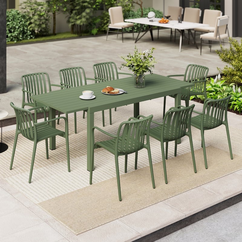 Outdoor Dining Set 9-Piece Stackable Plastic Lightweight Dining Armchair and Extendable Dining Table - Green chair & Light green table