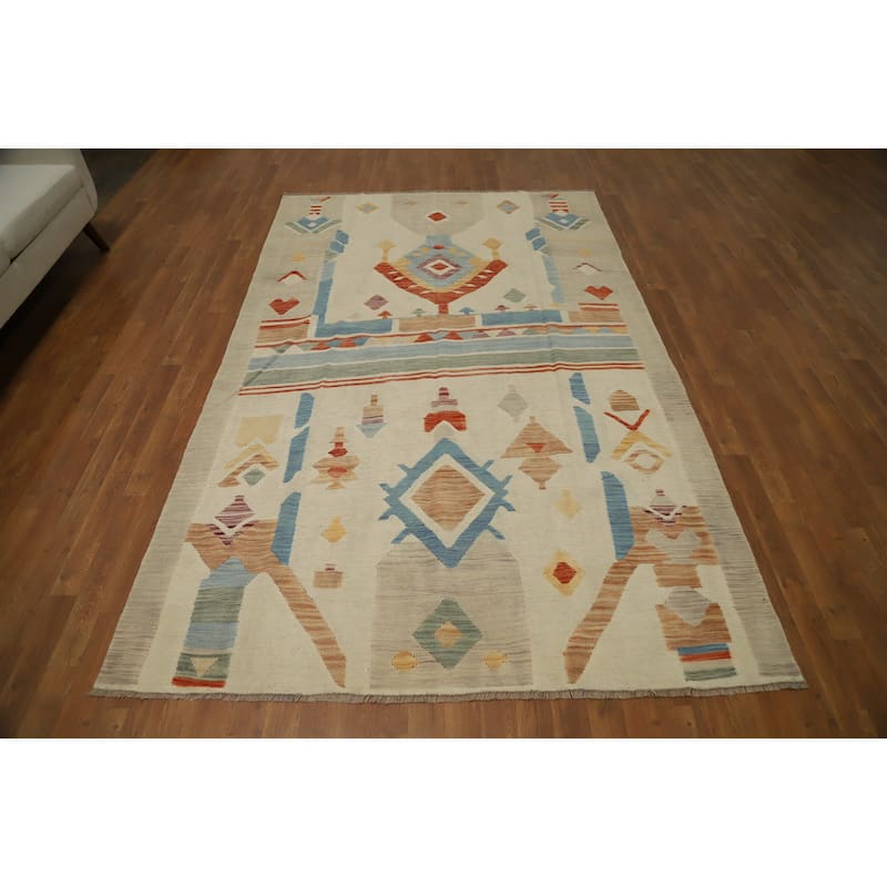 Hand Woven Oriental 100% Wool Carpet Southwestern Tribal Beige & Ivories Kilim Area Rug - 9' 1'' X 5' 8''