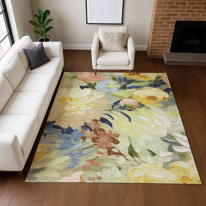 Machine Washable Indoor/ Outdoor Watercolor Floral Chantille Rug