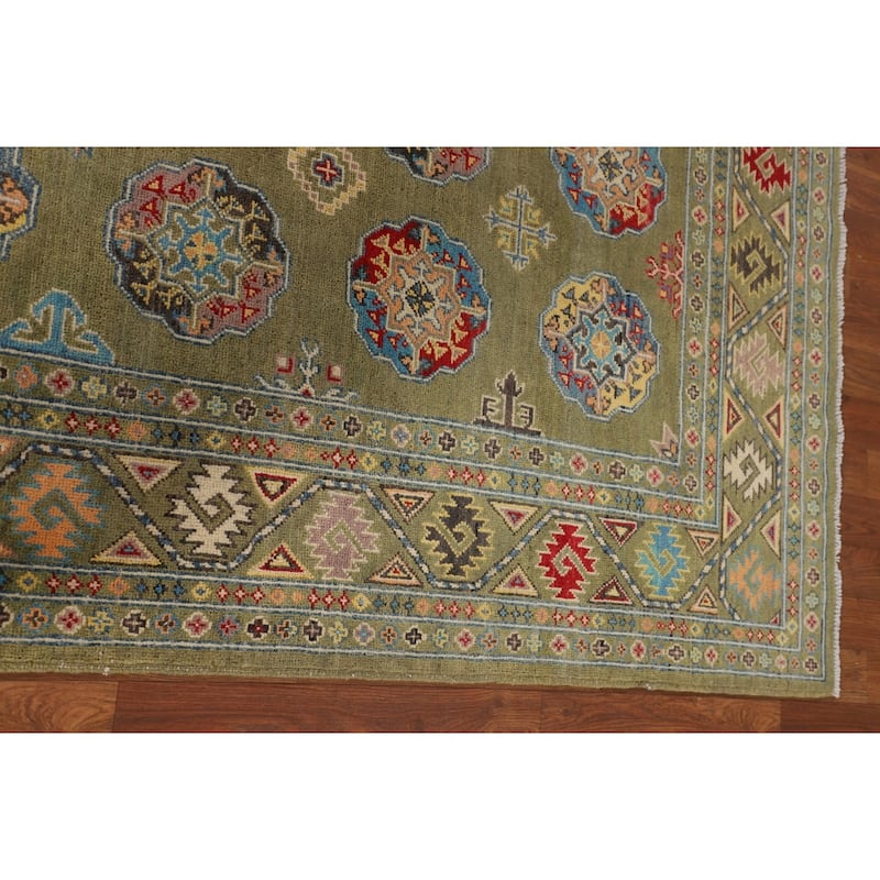 Geometric Kazak Oriental Area Rug Handmade Green Wool Carpet - 4'0" x 6'2"