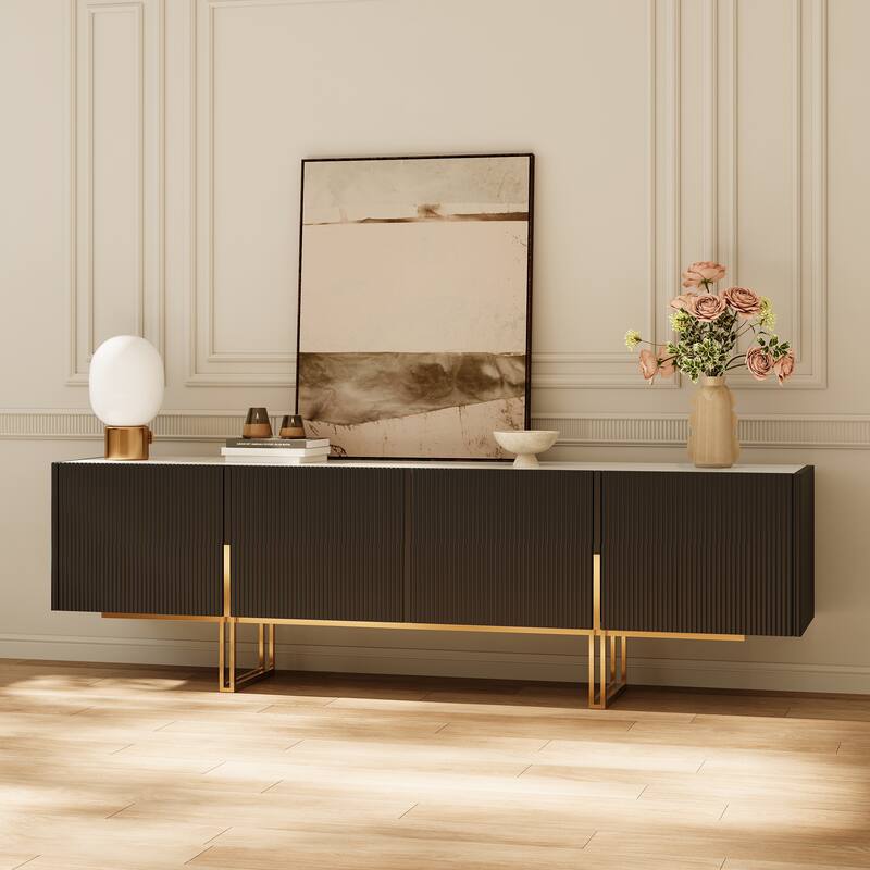 78.7'' TV Stand, Entertainment Center with Faux Marble Top - 78.7'' X 15.7'' X 23.6'' - Black