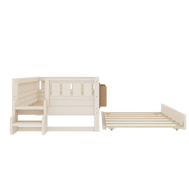 Full/Twin Size Wood Bed with Built-in Bookshelves and Storage Staircase, Safety Rails and Trundle Bed