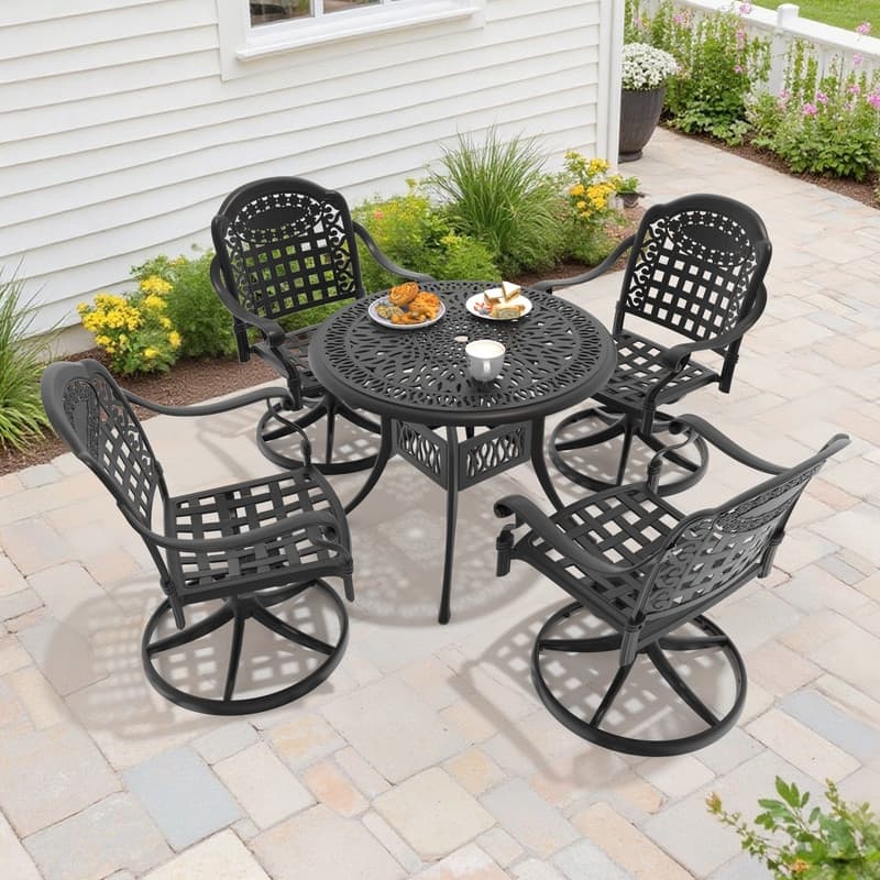 5-Piece Aluminum Round Outdoor Patio Dining Set, 4 Cushioned Swivel Chairs, Table, All-Weather Frames