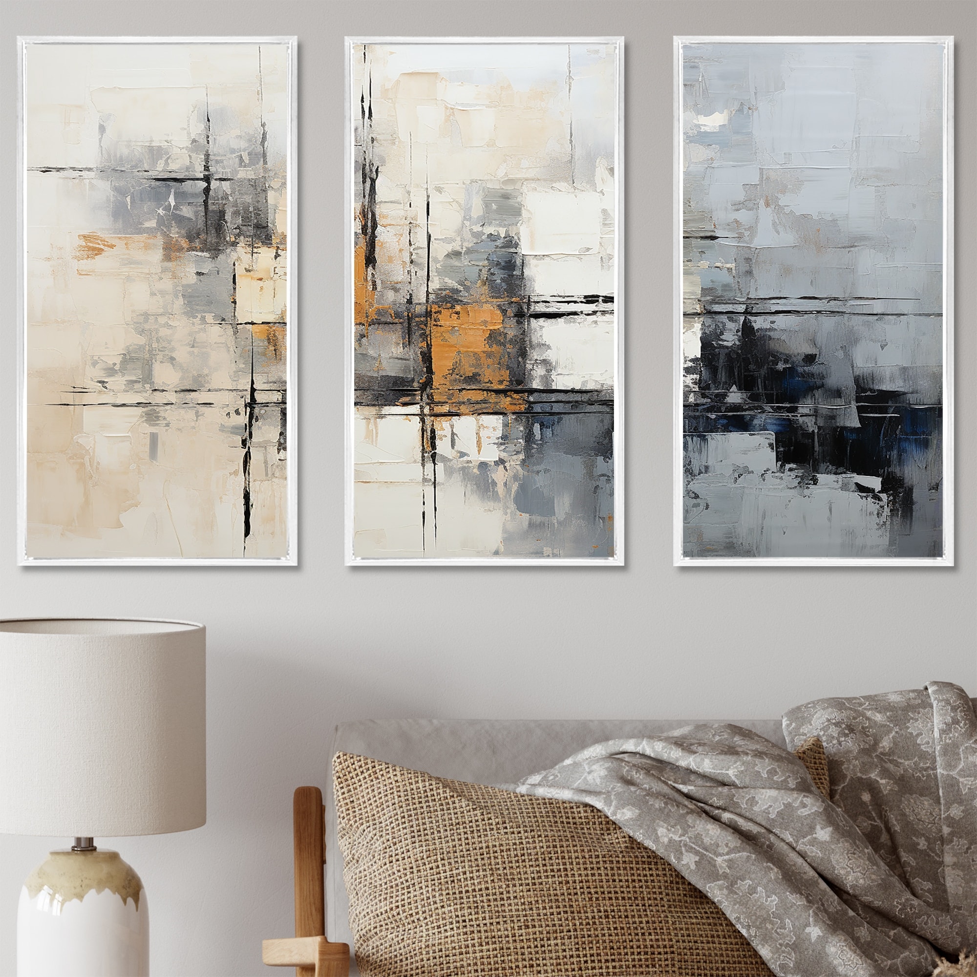 Designart "Simple Winter Landscape III" Winter Landscape Framed Art Set of 3 - Traditional Grey Wall Art Set 3 Pieces