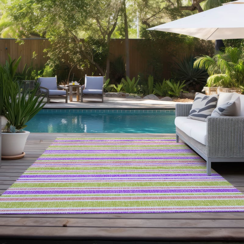 Machine Washable Indoor/ Outdoor Thin Cabana Stripe Chantille Rug