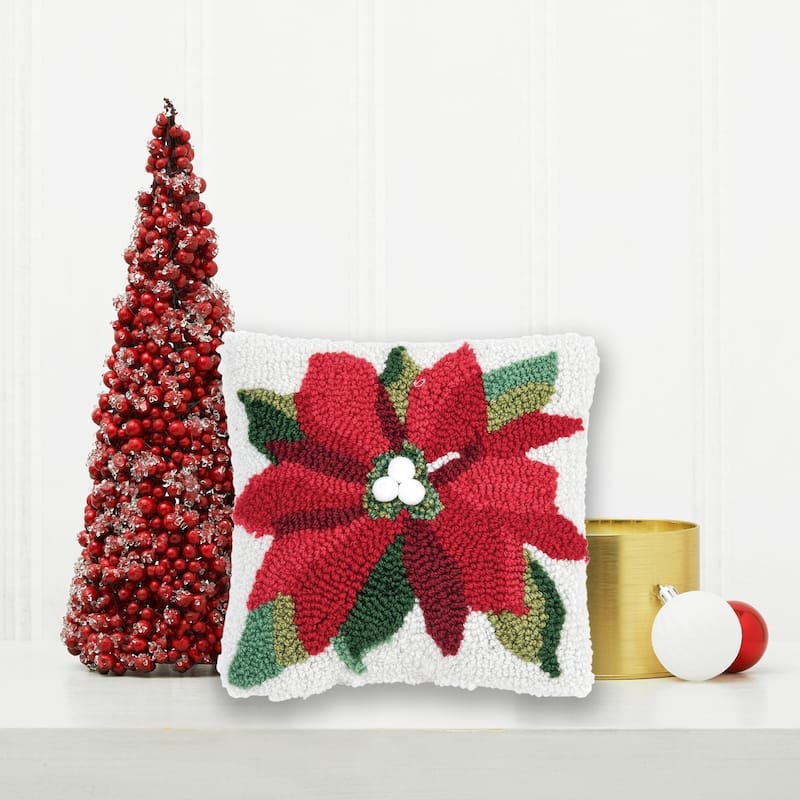 8" x 8" Poinsettia Hooked Petite Christmas Holiday Throw Pillow