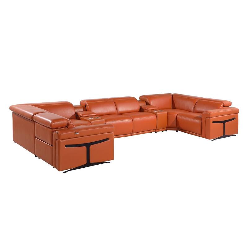 HomeRoots Camel Italian Leather Power Reclining U Shaped Eight Piece Corner Sectional With Console