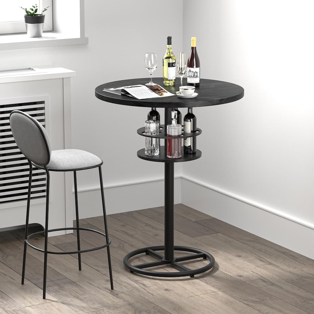 VECELO 23.6" Round Bar Table with Built-In Wine Rack 0.5 Inch MDF Top Waterproof Wear-Resistant for Home Game Nights