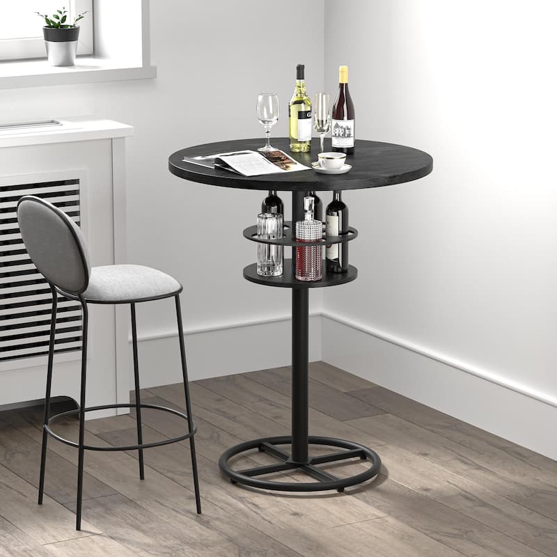 VECELO 23.6" Round Bar Table with Built-In Wine Rack 0.5 Inch MDF Top Waterproof Wear-Resistant for Home Game Nights - Bar Table - Black
