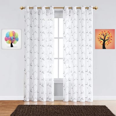 WARM HOME DESIGNS Pair of 2 Sheer Faux-Linen Curtain Panels with Beautiful Stitched Leaf Embroidery.
