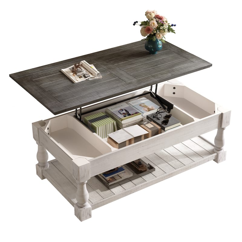 Farmhouse 47.24" Lift Top Coffee Table with Storage Trays Handcrafted Solid Wood for Stylish Living Room Storage