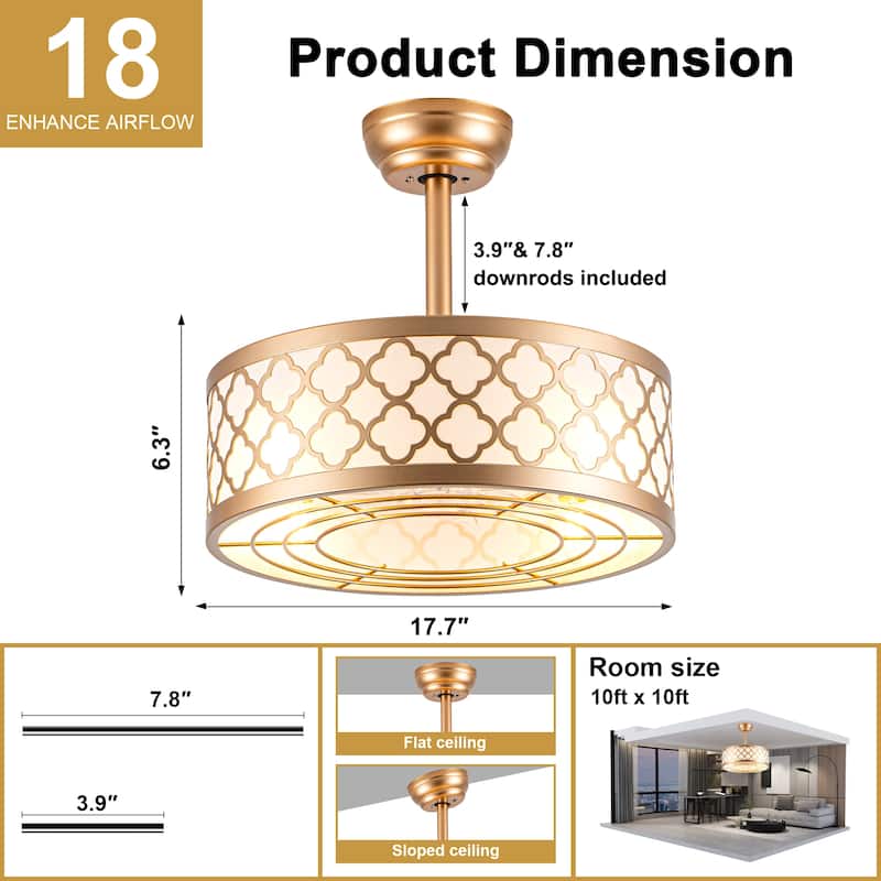 Cusp Barn 18" Fandelier Caged Ceiling Fan with Lights and Remote, Modern Gold 6 Speeds Reversible DC Motor Indoor Ceiling Fan