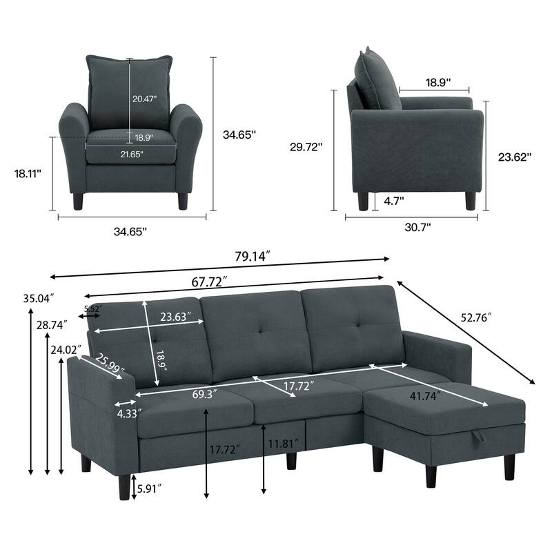 3 Pieces Living Room Set with Storage Ottoman