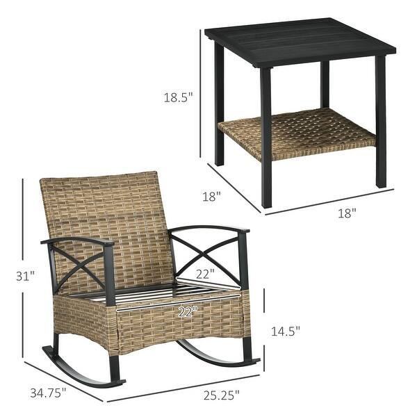 Outsunny 3 Piece Rocking Wicker Bistro Set, Outdoor Patio Furniture Set with two Porch Rocker Chairs - N/A