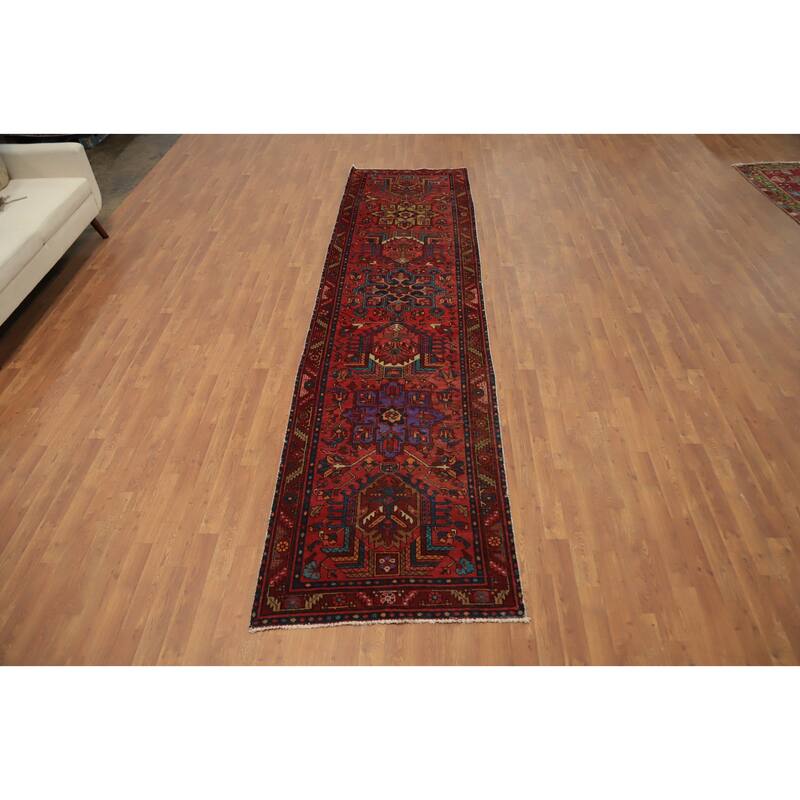 Hand Knotted Oriental 100% Wool Carpet Traditional Floral Oranges & Rust Heriz Runner Rug - 12' 8'' X 3' 3''