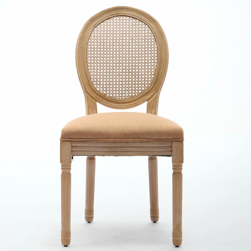 French Style Solid Wood Frame Antique Painting Linen Fabric Rattan Back Dining Chair, Set of 2