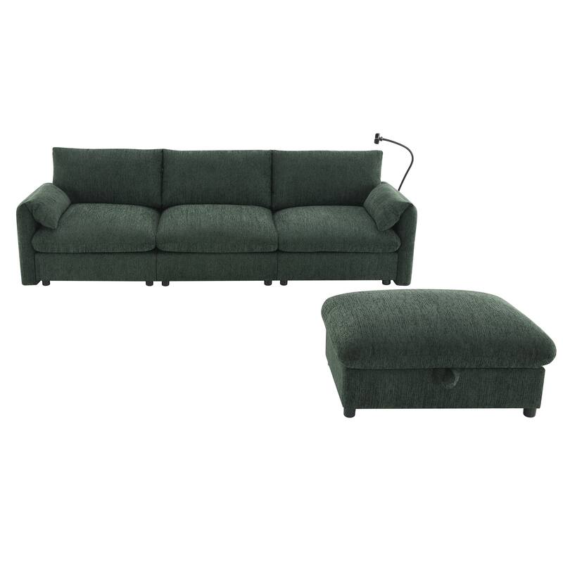 96.5'' 4-Seat Chenille Sectional Sofa, Storage Ottoman, Phone Holder, USB Charger, Green