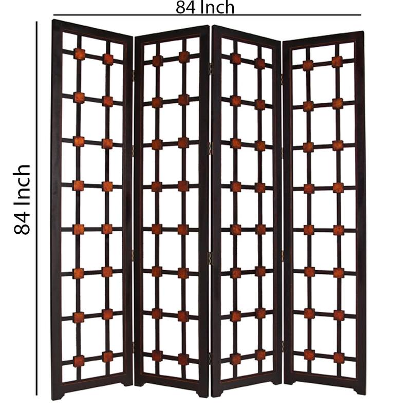 Wooden 4 Panel Screen with Modern Cosmopolitan Design, Black and Red
