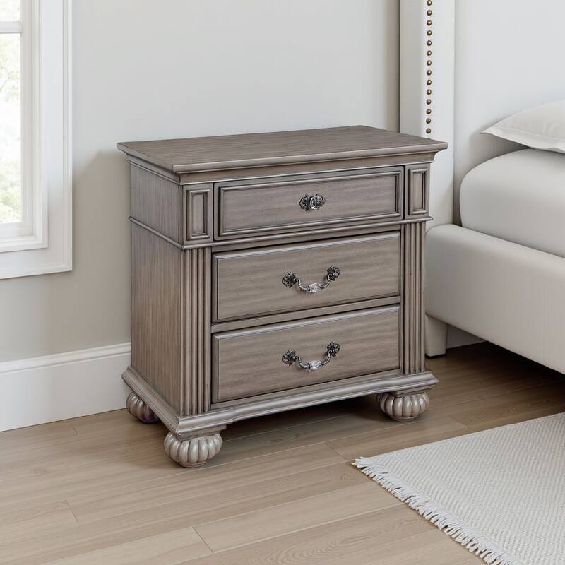 Recus Classic Nightstand with 3 Drawers, Acrylic Accents, Gray Solid Wood