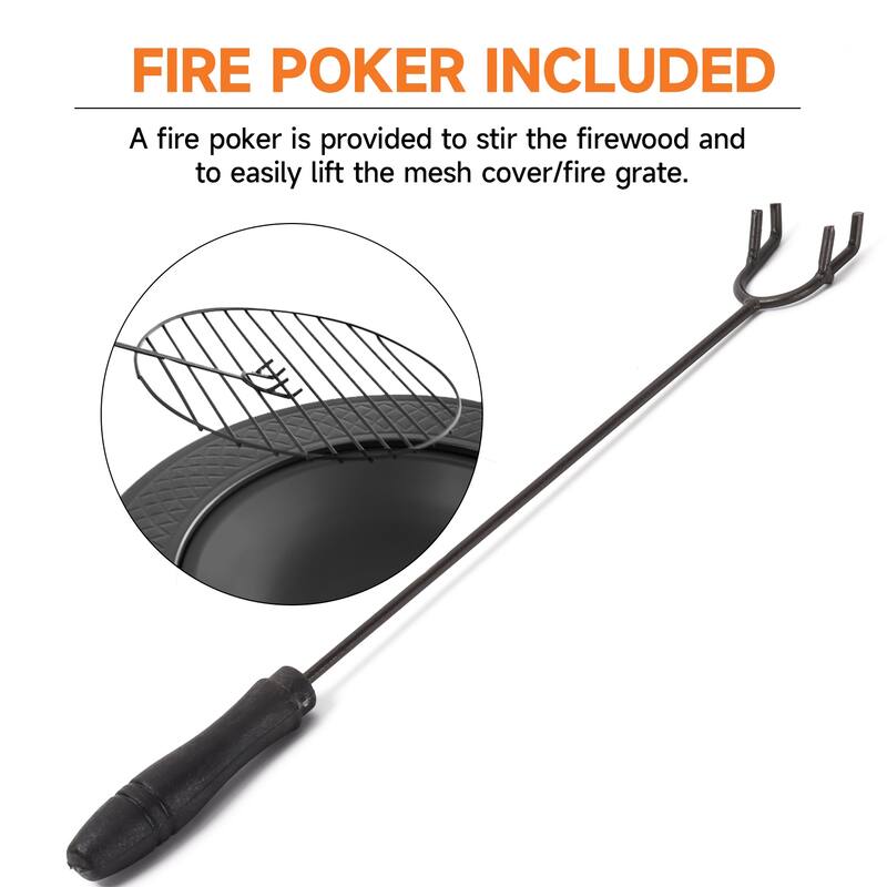 33" Round Fire Pit Table with Screen Lid, Poker, Cover. Outdoor Wood Burning Firepit for Patio & Backyard