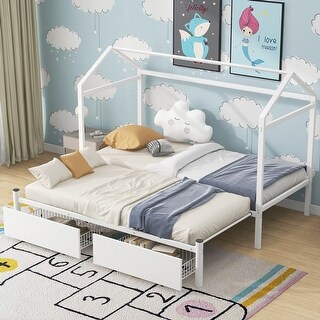 Twin XL to King Twin Size House-shaped Platform Bed with 2 Drawers, Metal Bed for Bedroom, Space-saving, White