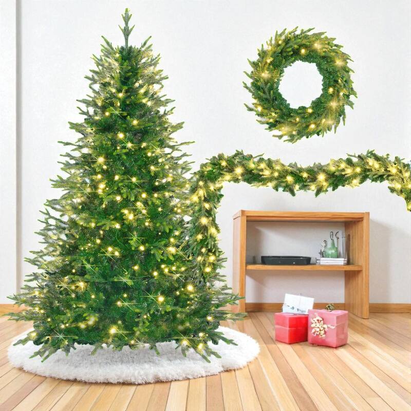 6ft Pre-Lit Aspen Fir Christmas Tree Set with Garland and Wreath, 300 LED Lights and 861 PE Tips
