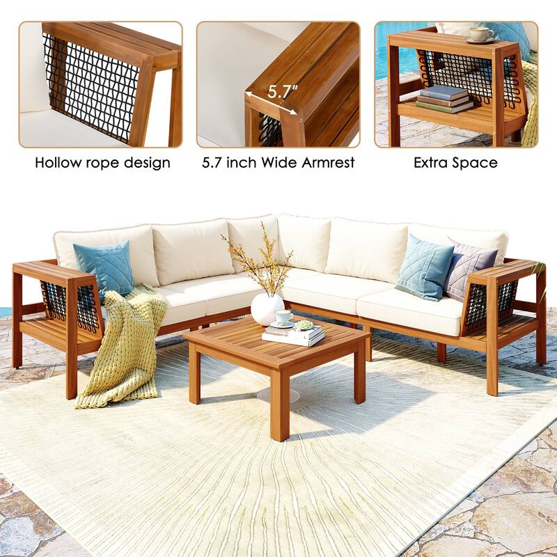 Exclusive 4-Piece Outdoor Acacia Wood Sectional Sofa Set with Woven Rope Armrests