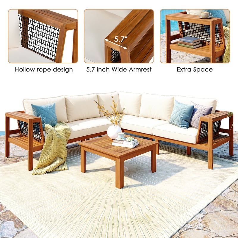 Roomfitters 4-Piece Outdoor Sectional Sofa Set with Coffee Table and Built-in Side Shelves, Wood Frame