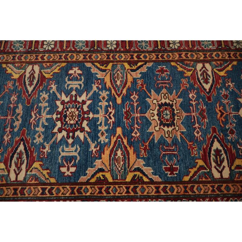 Hand Knotted Oriental 100% Wool Carpet Traditional Geometric Navy Blue & Blues Kazak Runner Rug - 9' 11'' X 2' 7''
