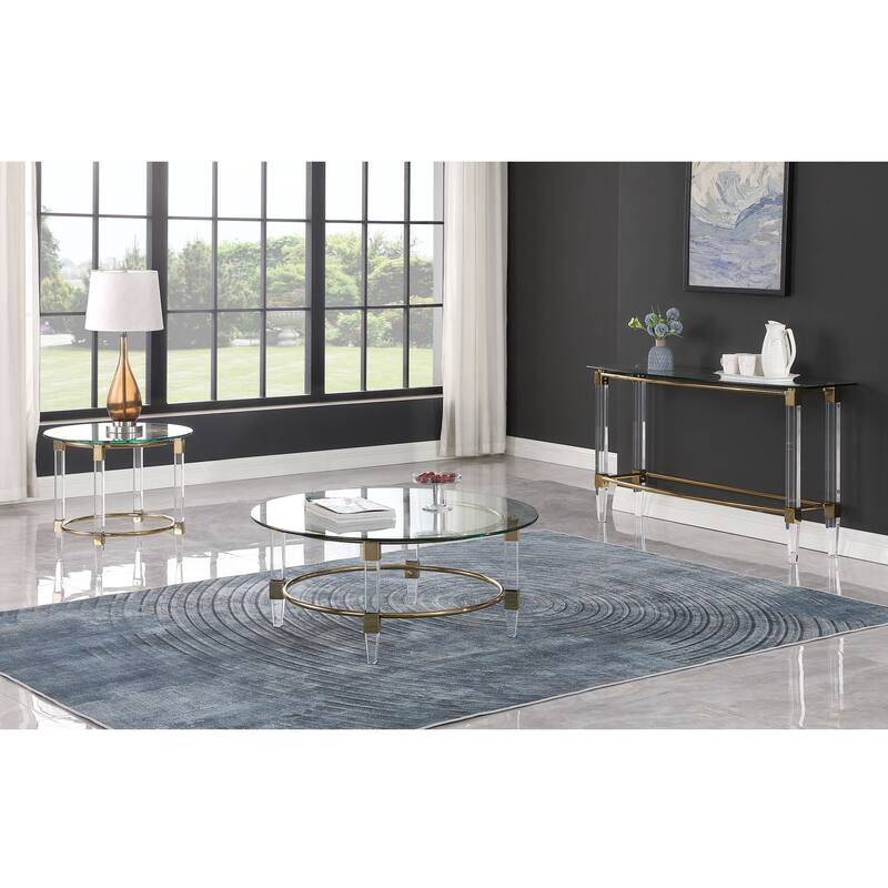 Somette Round Glass Lamp Table with Acrylic Legs & Gold Plated Frame