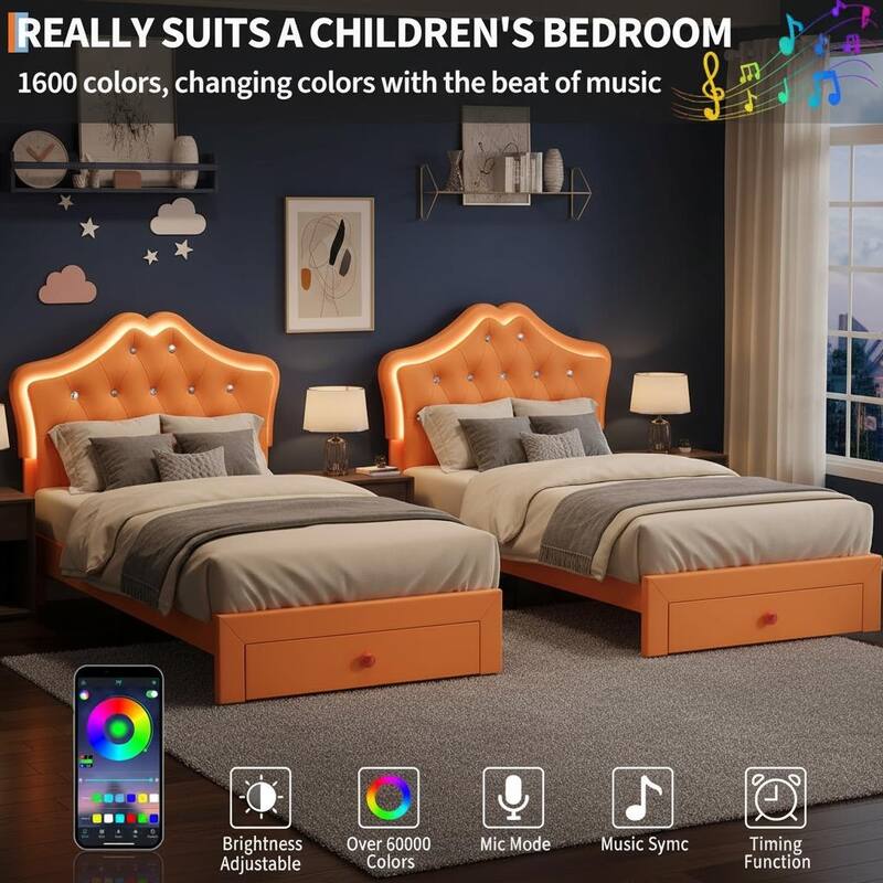 Bed Frame, with LED Lights and Storage Drawer