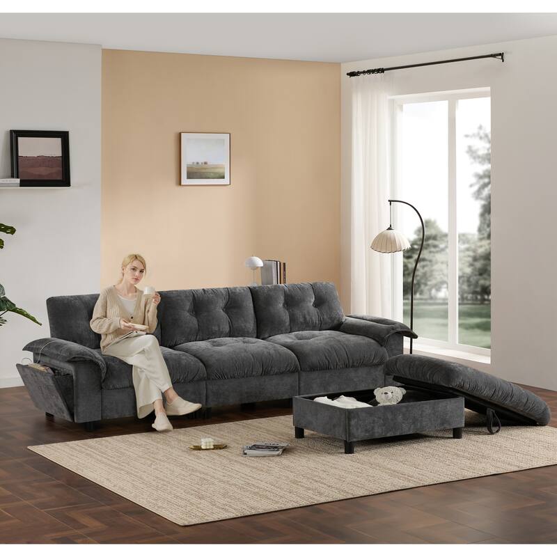 Chenille Tufted L-Shape Sectional Sofa with Storage Ottoman, Pockets and All-in-one Armrest with Dual-Port Charging, Cup Holder