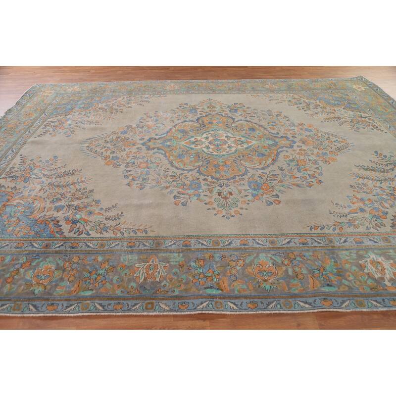 Hand Knotted Oriental 100% Wool Carpet Traditional Medallion Green Tabriz Area Rug - 12' 7'' X 9' 7''