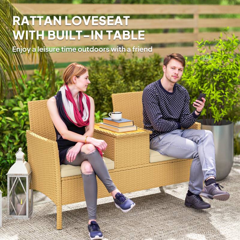 Khaki PE Rattan Steel Patio Loveseat with Cushions and Storage Table - 52.8" W x 22.8" D x 32.3" H