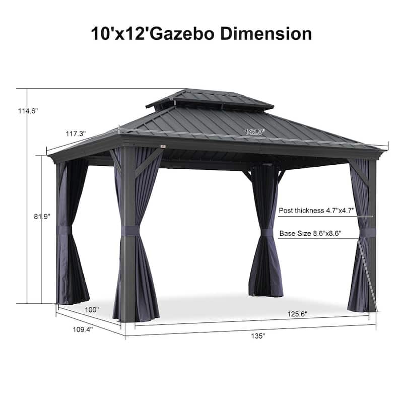 PURPLE LEAF Outdoor Galvanized Steel Hardtop Gazebo, Aluminum Frame Gazebo With Curtains