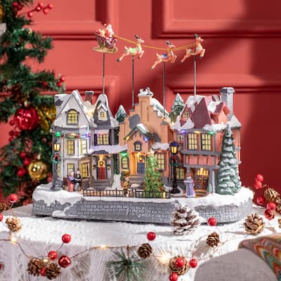 HOMCOM Christmas Village, Santa and Deer Skating Pond Animated Winter Wonderland Set with Multicolored LED Light