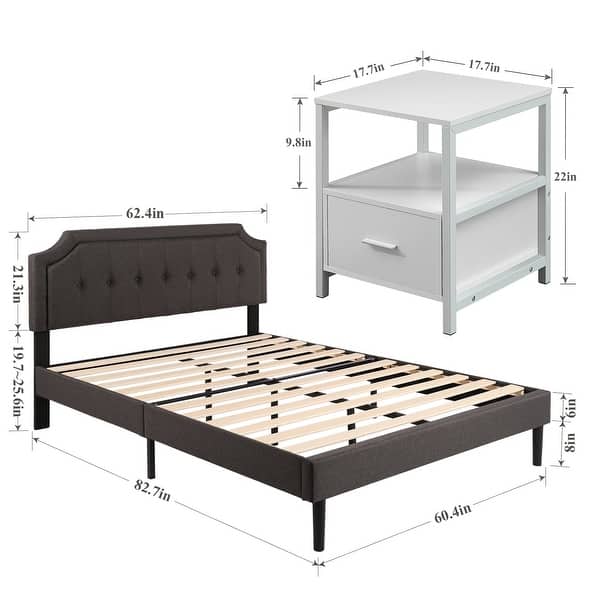 dimension image slide 2 of 13, VECELO 3-Pieces Modern Upholstered Bed with Height Adjustable Headboard and Nightstands Sets