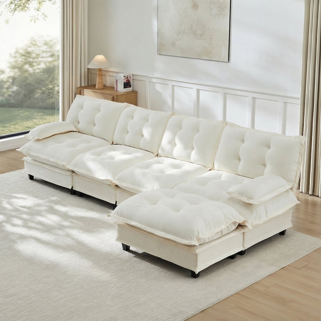 GDFStudio Lyra 138" L-Shaped Cloud Modular Sectional Sofa with Ottoman and Chenille Deep Seat